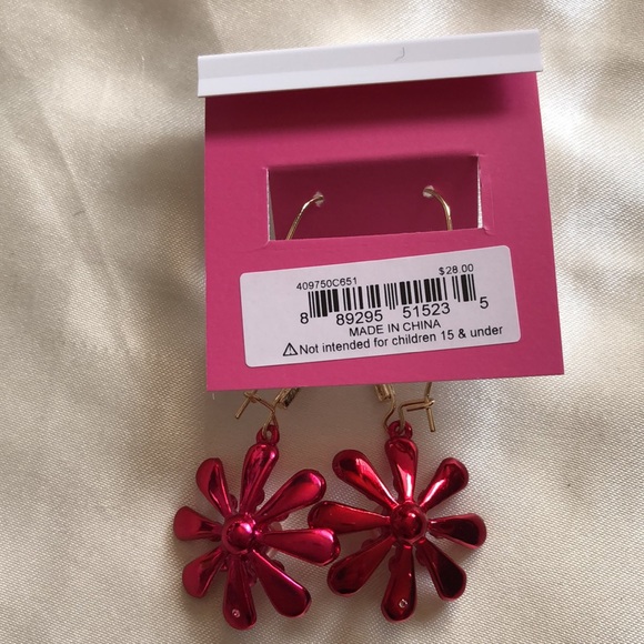 Betsey Johnson Gold Tone Red Metallic Daisy Drop Earrings Crystal Accents NWT - Picture 9 of 10